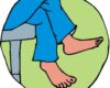 Cartoon of a person in blue pants doing a leg stretch, with one knee on a chair and the other leg extended barefoot on the ground.