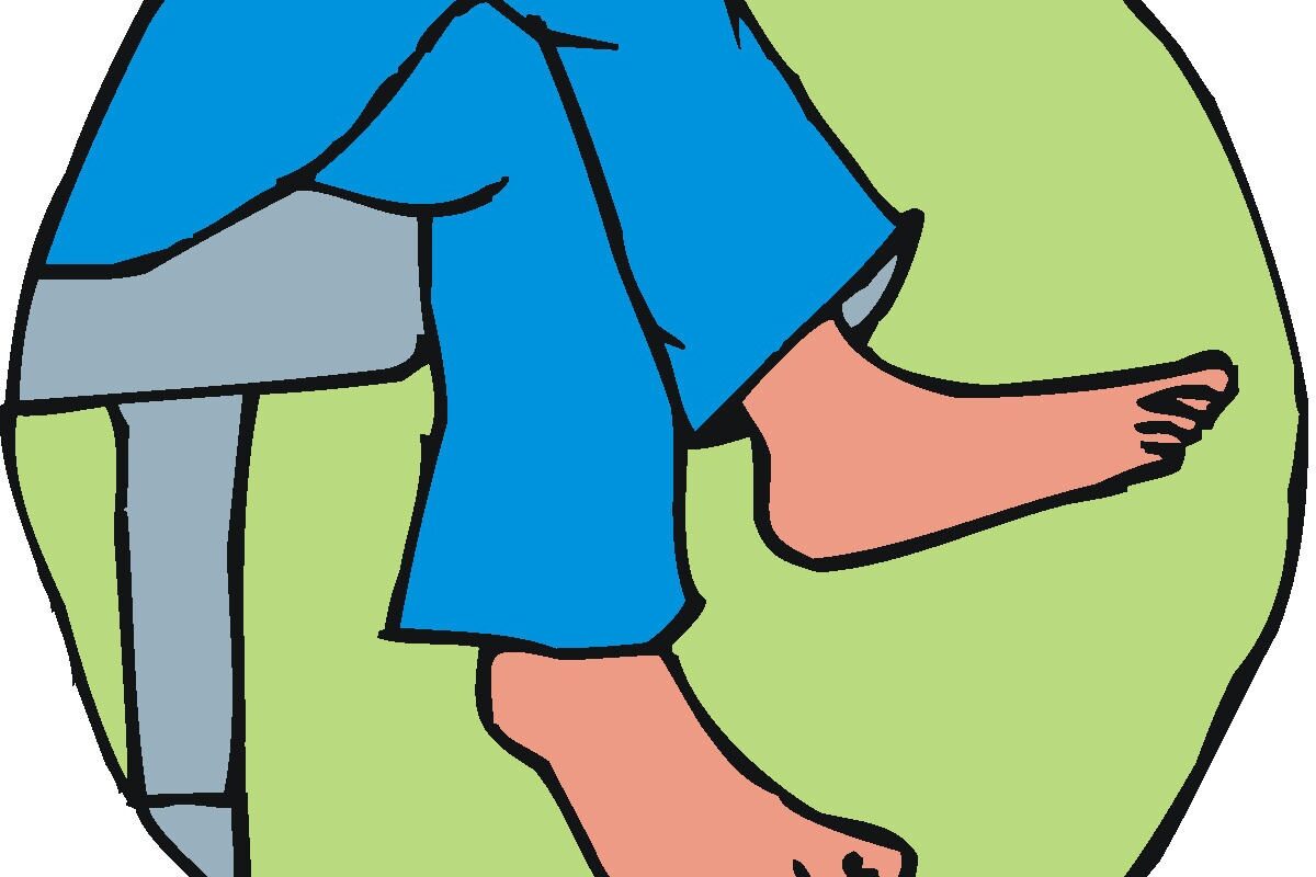 Cartoon of a person in blue pants doing a leg stretch, with one knee on a chair and the other leg extended barefoot on the ground.