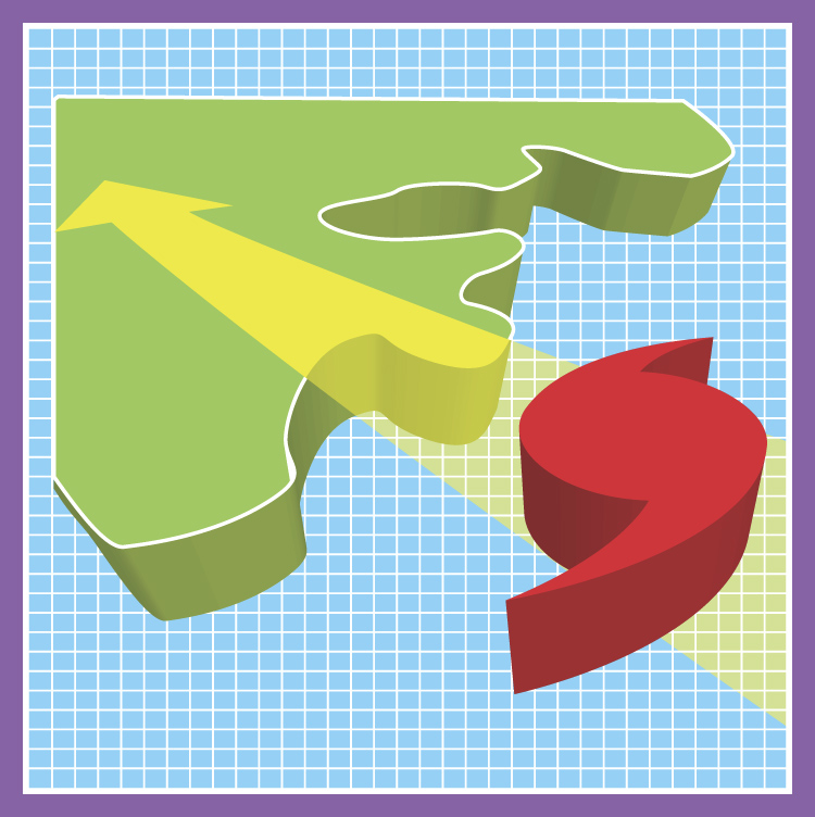 Abstract 3D green shape with a yellow arrow and a red curved ribbon over a blue grid, framed in purple.