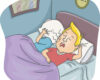 Two kids in bed; a blond-haired boy in a red shirt sits up and shouts while the other child hides under a pillow, covering their head with a pillow under a purple blanket.