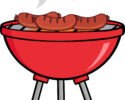 Red kettle-style barbecue grill with four legs cooking two sausages on top, steam rising from the grill.