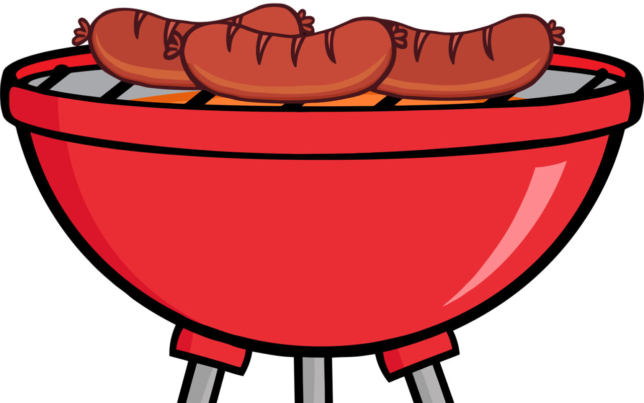 Red kettle-style barbecue grill with four legs cooking two sausages on top, steam rising from the grill.