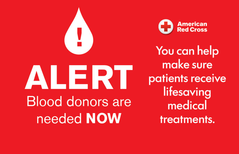 Red background alert banner from the American Red Cross: 'Blood donors are needed NOW' with the logo displayed on the right.