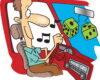 Cartoon man driving a red car with dice and music notes inside, suggesting luck and fun behind the wheel