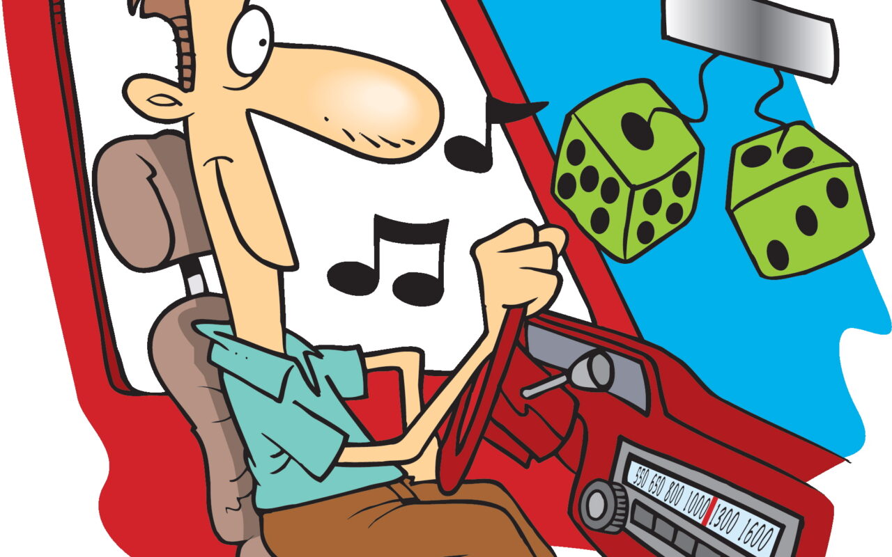 Cartoon man driving a red car with dice and music notes inside, suggesting luck and fun behind the wheel