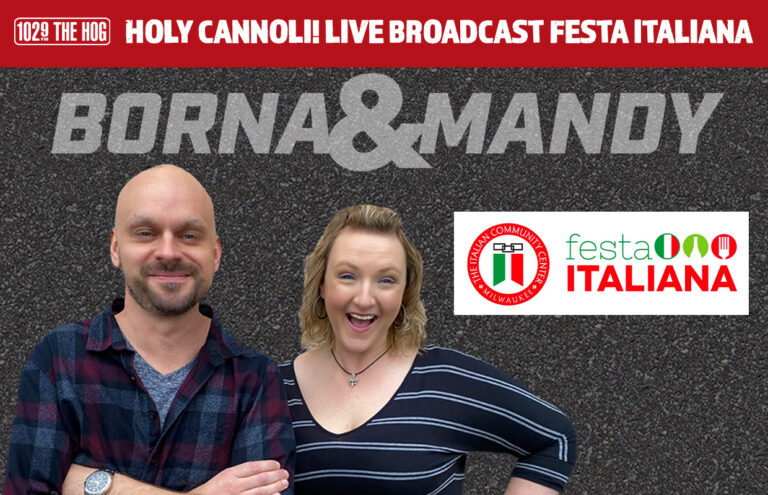 Two radio hosts posing in front of a textured backdrop with 'BORNA & MANDY'; banner reads 'Holy Cannoli! Live Broadcast Festa Italiana' and logos on the right.