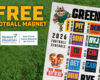 Grass background with large 'FREE FOOTBALL MAGNET' text, Modern Woodmen sponsor logo, and a tilted 2026 football schedule poster.