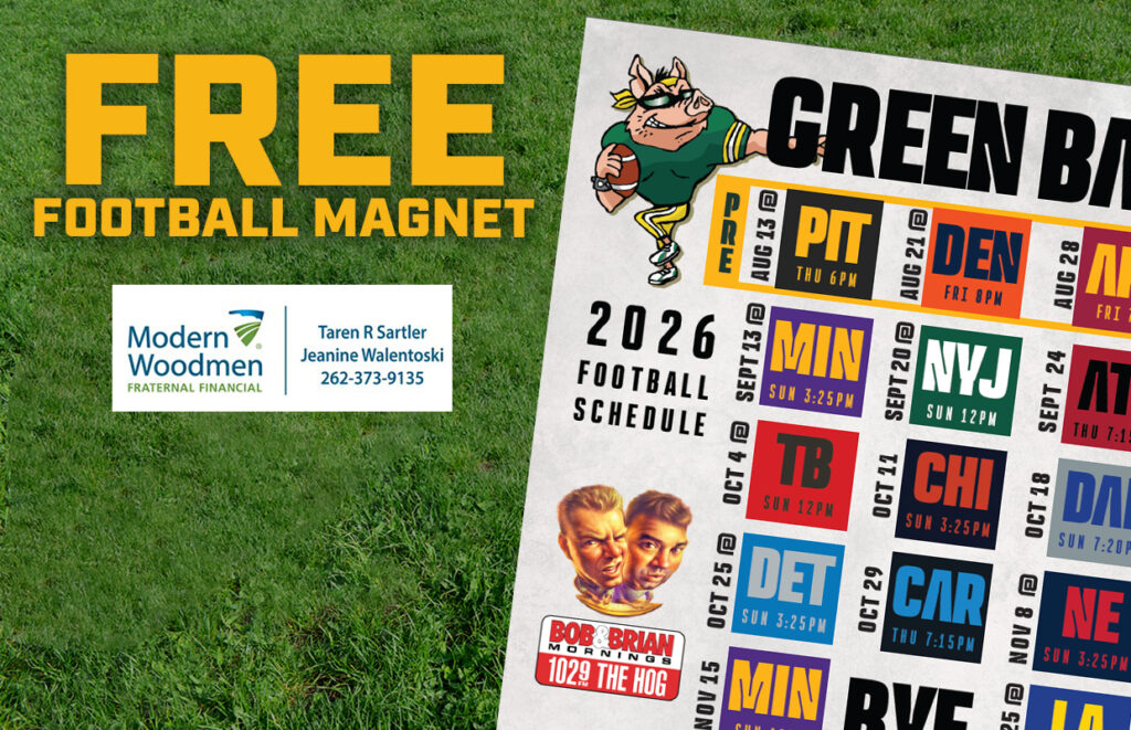 Grass background with large 'FREE FOOTBALL MAGNET' text, Modern Woodmen sponsor logo, and a tilted 2026 football schedule poster.