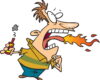 Cartoon man in a yellow shirt breathes fire from his mouth while holding a lighter.