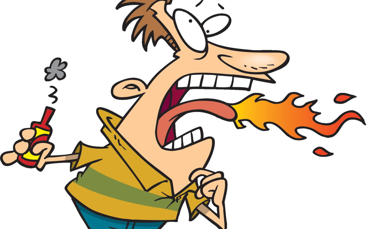 Cartoon man in a yellow shirt breathes fire from his mouth while holding a lighter.