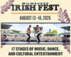 Promotional banner for Milwaukee Irish Fest 2026 with two performers on stage and a large crowd; dates August 13–16 and 17 stages of music, dance, and cultural entertainment present.