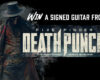 Promo banner announcing a contest to win a signed guitar from Five Finger Death Punch, with a dark background and a masked figure.