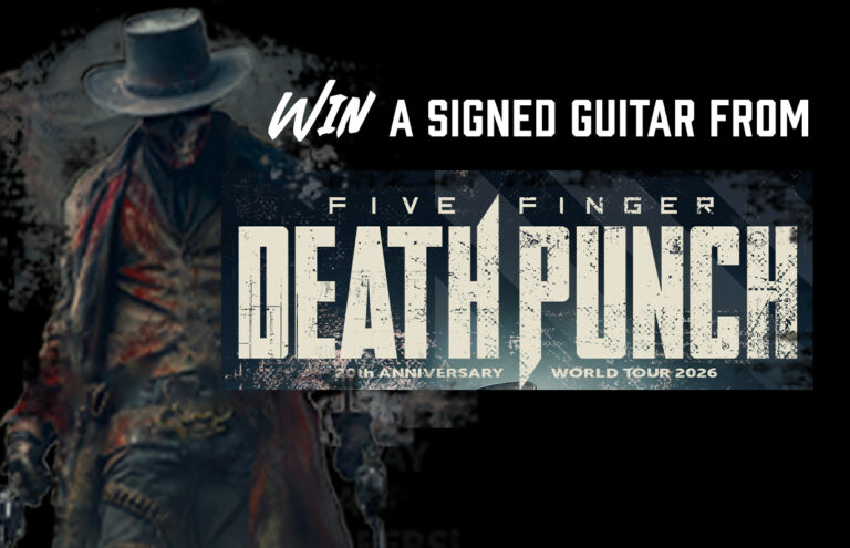 Promo banner announcing a contest to win a signed guitar from Five Finger Death Punch, with a dark background and a masked figure.