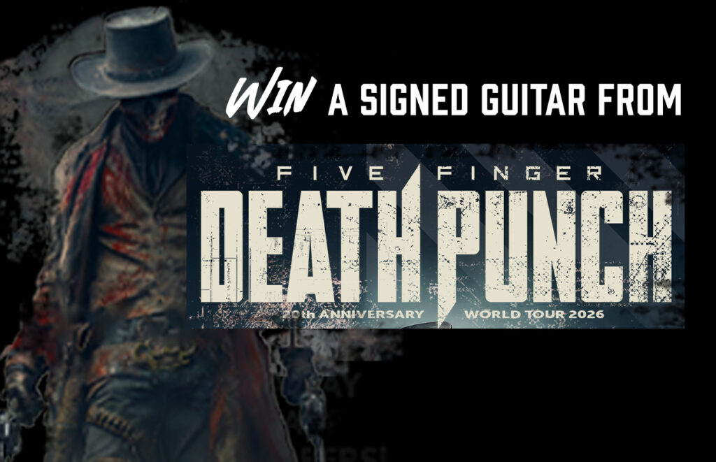 Promo banner announcing a contest to win a signed guitar from Five Finger Death Punch, with a dark background and a masked figure.