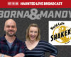 Promo image for 102.9 The Hog's Haunted Live Broadcast with hosts Born and Mandy and the World Café Shaker's logo on a textured background