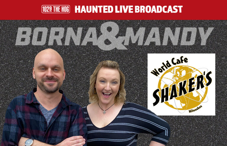Promo image for 102.9 The Hog's Haunted Live Broadcast with hosts Born and Mandy and the World Café Shaker's logo on a textured background