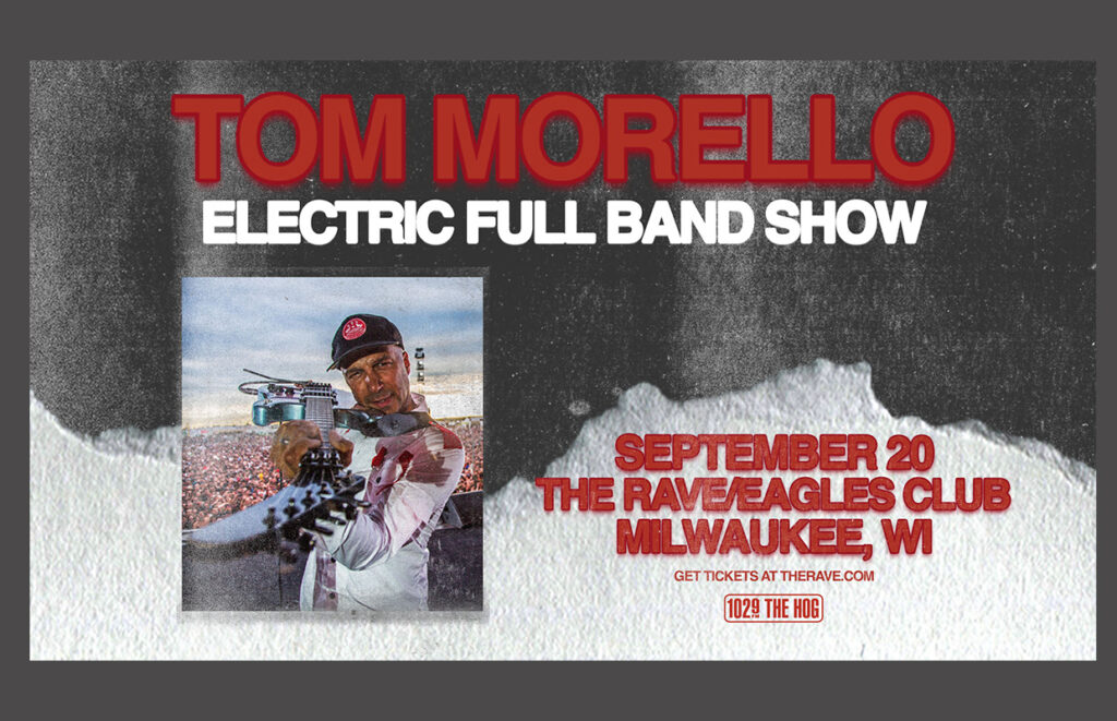 Poster for Tom Morello Electric Full Band Show at The Rave/Eagles Club in Milwaukee, Sep 20 (Milwaukee, WI). Shows a guitarist in white with red title text at top and bold event details around the image.