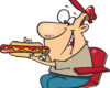Cartoon man with a red bandana happily biting into a hot dog with mustard on a bun.