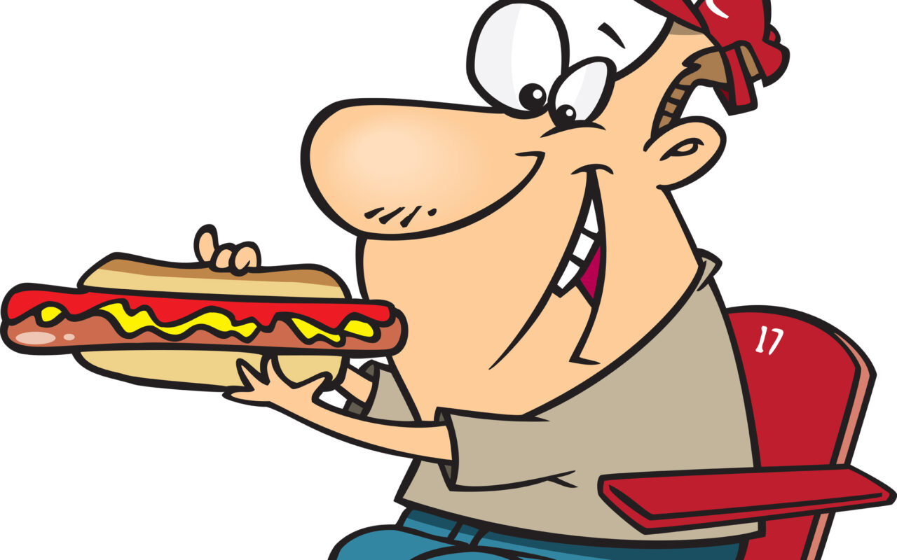 Cartoon man with a red bandana happily biting into a hot dog with mustard on a bun.